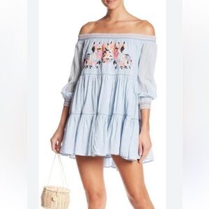 FREE PEOPLE SUNBEAMS MINI EMBROIDERED Dress Blue/Multi Size M
